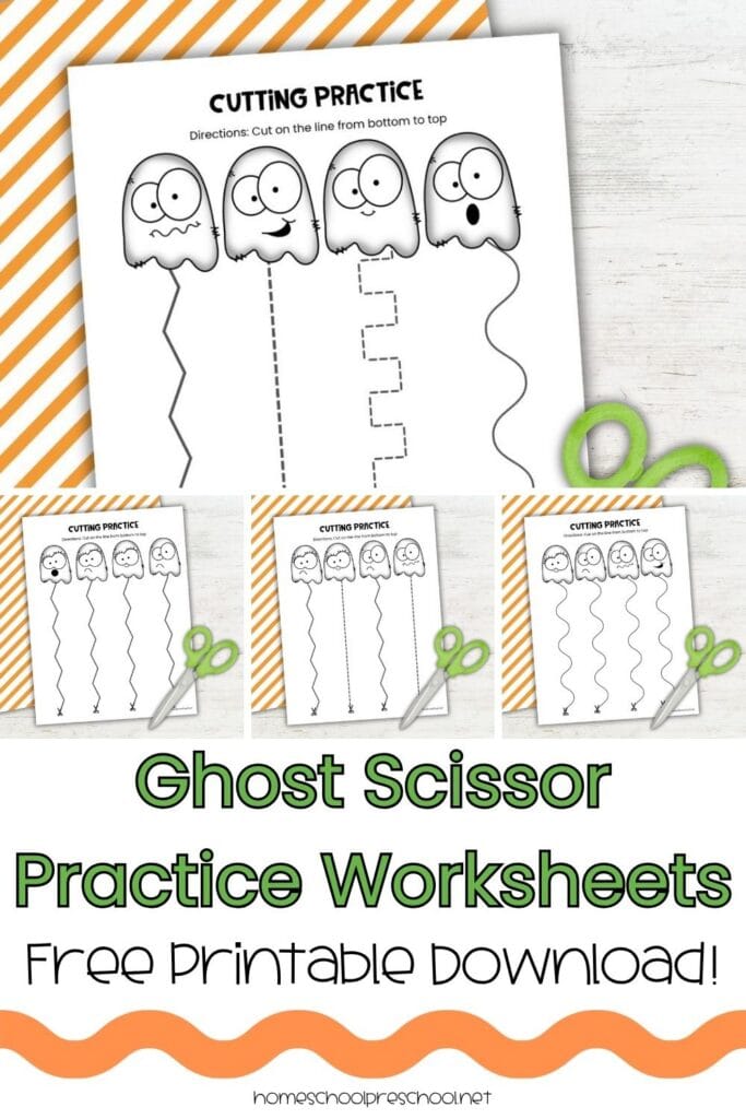 Ghost scissor practice worksheets for preschoolers featuring straight, wavy, and zigzag cutting lines with Halloween ghost illustrations.