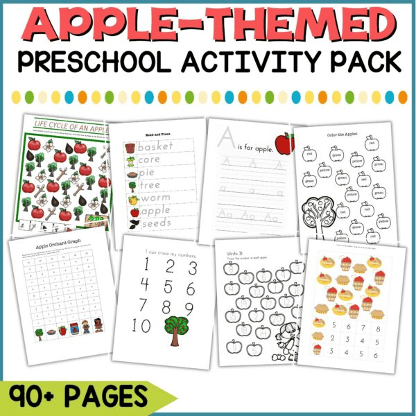 Apple-themed preschool activity pack featuring 90+ pages of printable apple worksheets for literacy, math, counting, graphing, and life cycle practice.