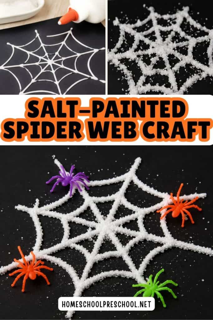 Salt-painted spider web craft for preschoolers made with white glue and salt on black paper, decorated with colorful plastic spiders.
