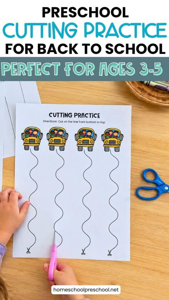 Preschool cutting practice for Back to School showing a child cutting along wavy lines on a school bus worksheet for ages 3–5.