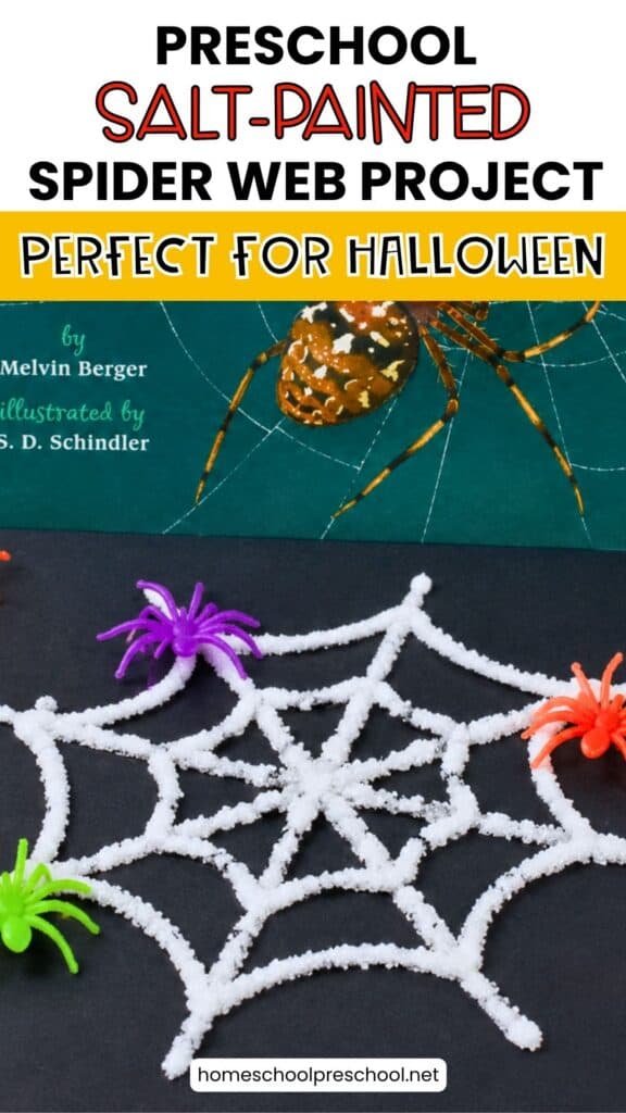 Preschool salt-painted spider web project on black paper with colorful plastic spiders, paired with the book Spinning Spiders.