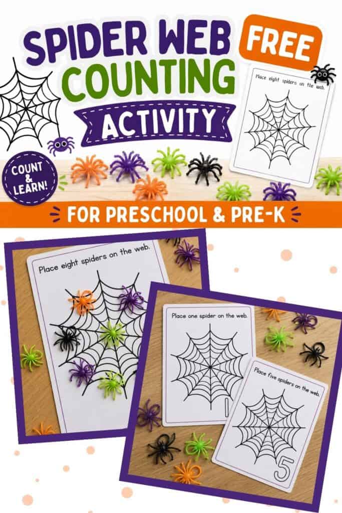 Free spider web counting activity for preschool and pre-K with printable number mats and colorful spider counters for practicing numbers 1–10.