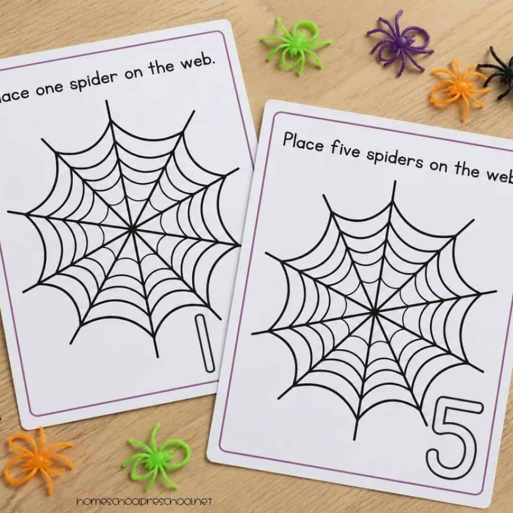 Spider counting mats for numbers 1 and 5 with printable webs and colorful plastic spider counters for hands-on preschool math.