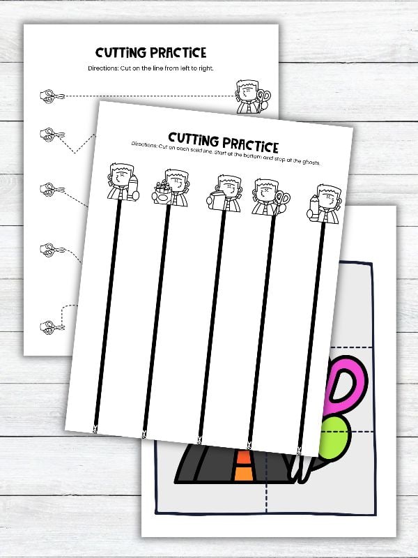 Frankenstein cutting practice printable featuring straight, zigzag, curved, and cut-and-assemble scissor skills activities for preschoolers.