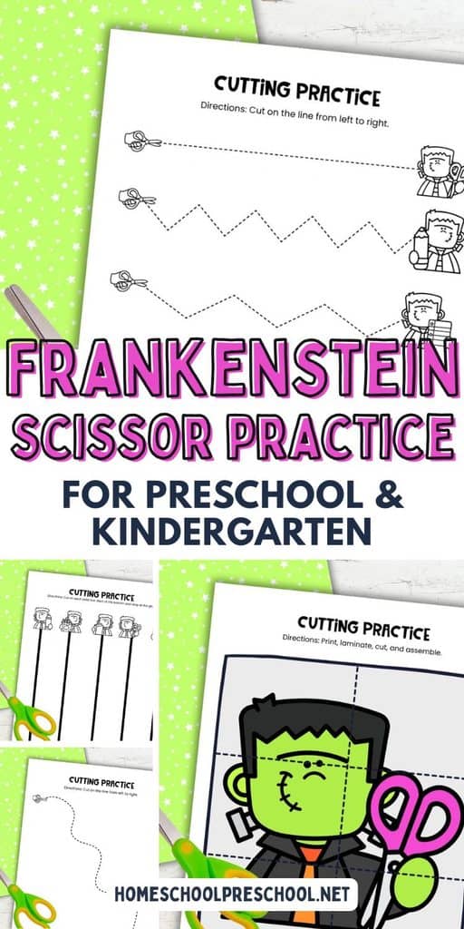 Preview of Frankenstein cutting practice pages for preschool and kindergarten featuring scissor skills activities with straight, zigzag, curved, and picture-cutting lines.