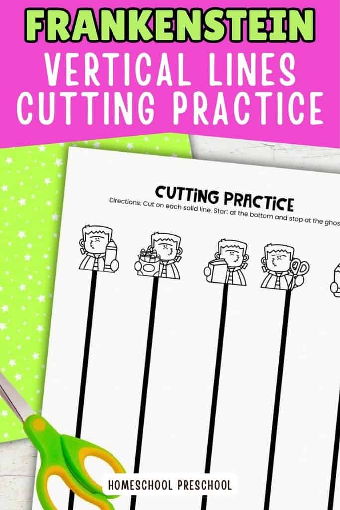 Frankenstein vertical line cutting practice page for preschoolers with straight cutting lines and Frankenstein pictures.