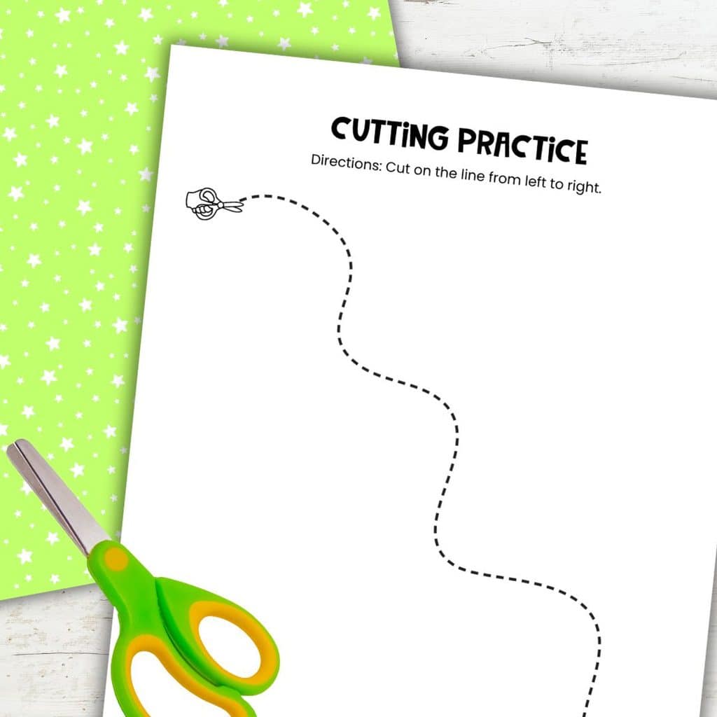 Frankenstein cutting practice page for preschoolers featuring a long curved path for building scissor control.