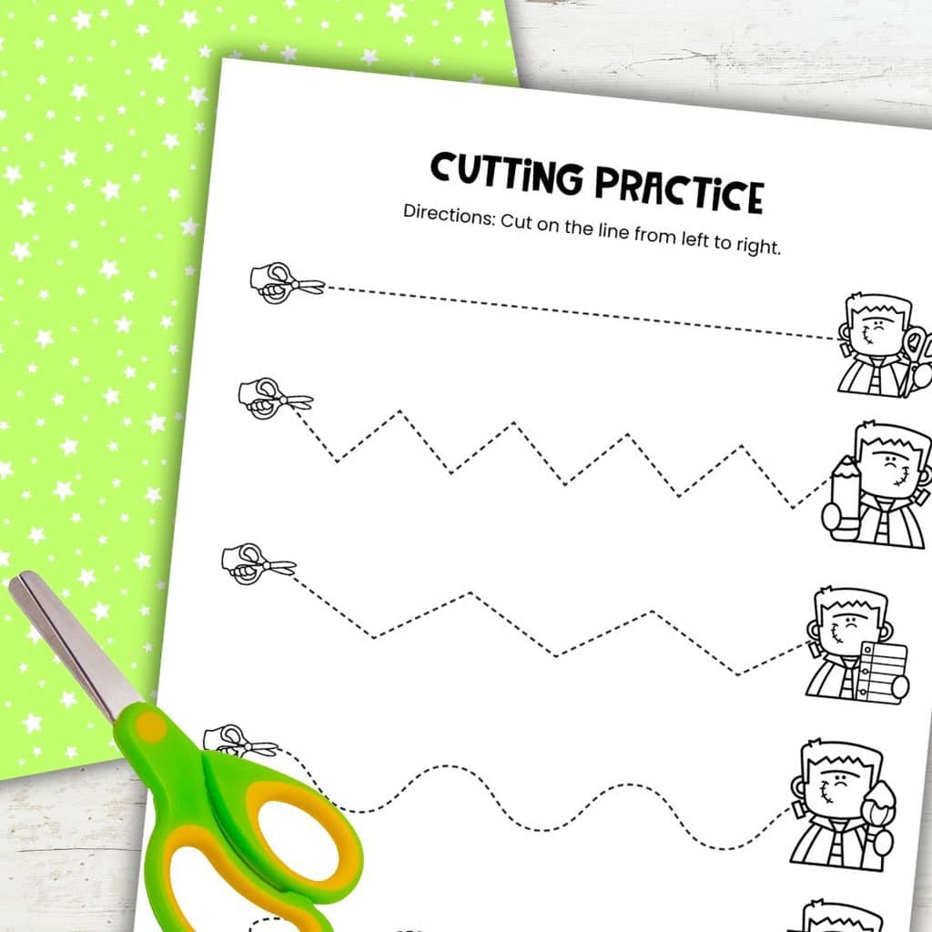 Frankenstein cutting practice page for preschoolers featuring straight, zigzag, angled, and wavy cutting lines for scissor skills practice.