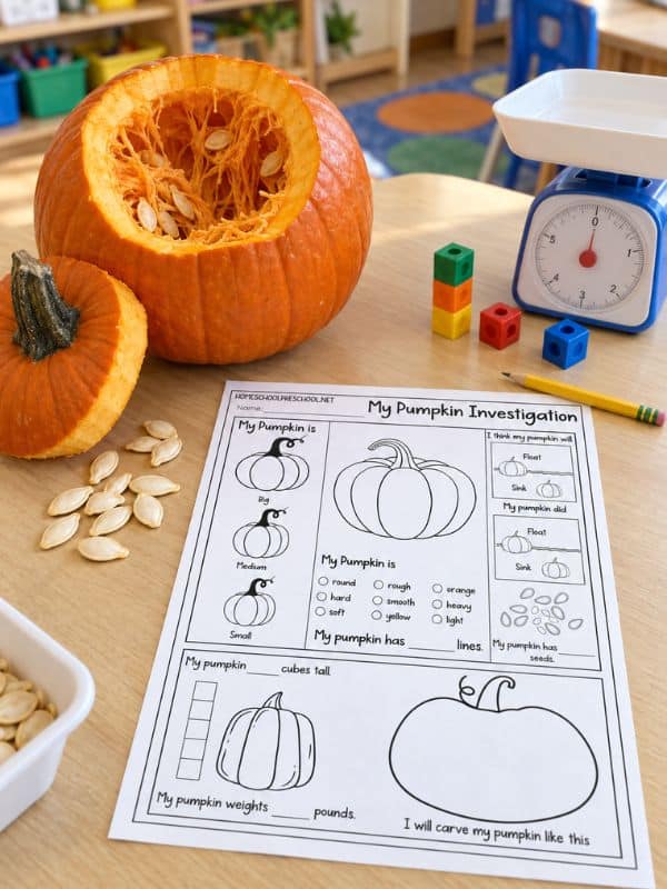 Pumpkin investigation worksheet on a classroom table beside a cut-open pumpkin, pumpkin seeds, linking cubes, and a scale.