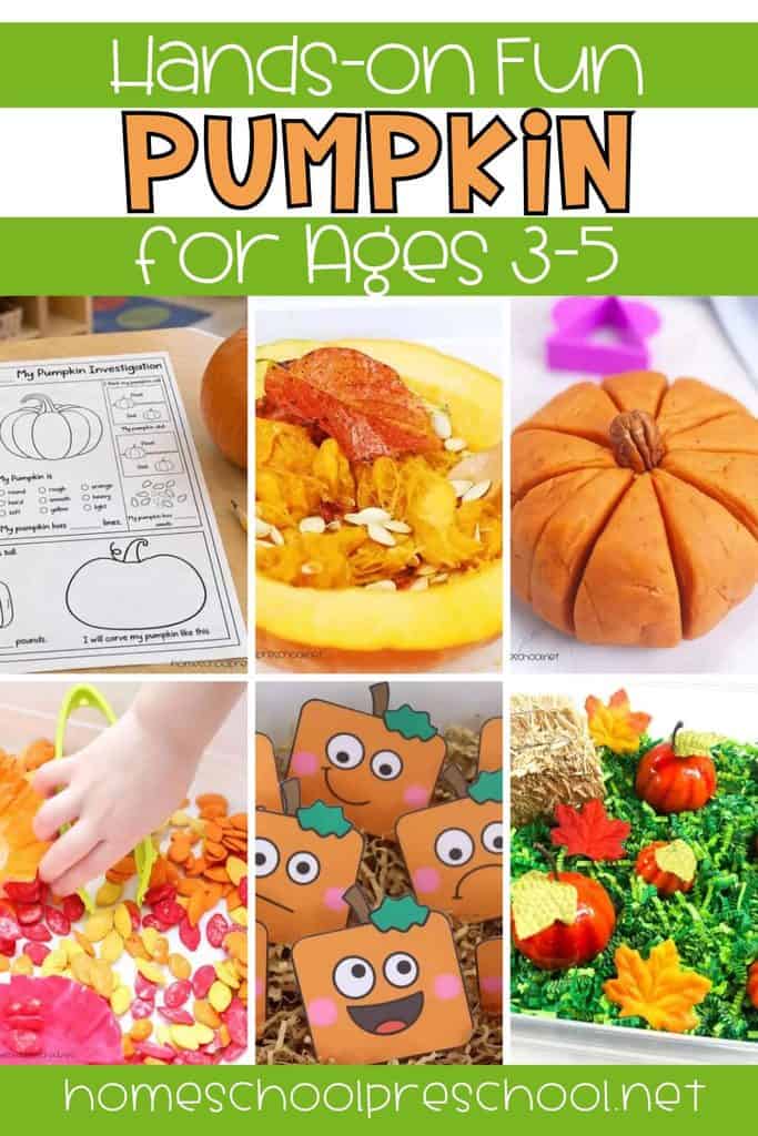 Pumpkin sensory play ideas for preschoolers including a pumpkin investigation, sensory bins, playdough, and hands on fall activities.