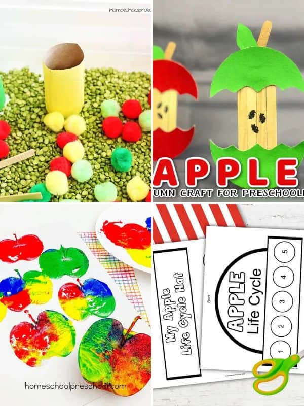 Collage of apple activities for preschoolers featuring an apple sensory bin, popsicle stick apple craft, colorful apple stamping, and printable apple life cycle hat.