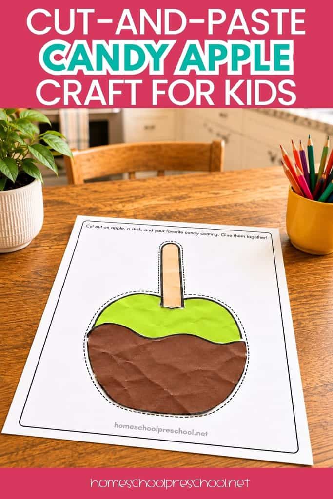 Cut-and-paste candy apple craft for kids featuring a green paper apple with brown candy coating and a tan stick on a printable worksheet.