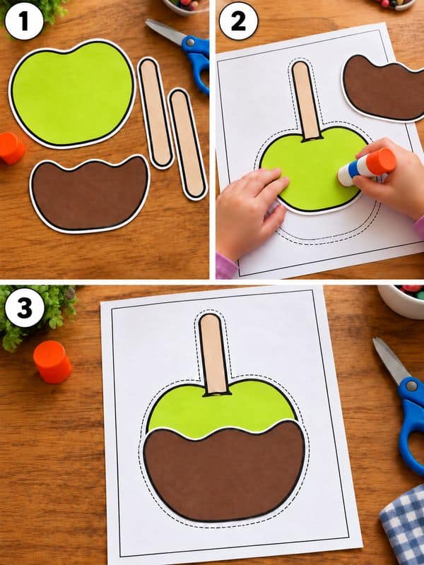 Step-by-step candy apple craft for kids showing paper apple cutouts, a child gluing the pieces together, and a completed green apple with brown candy coating.
