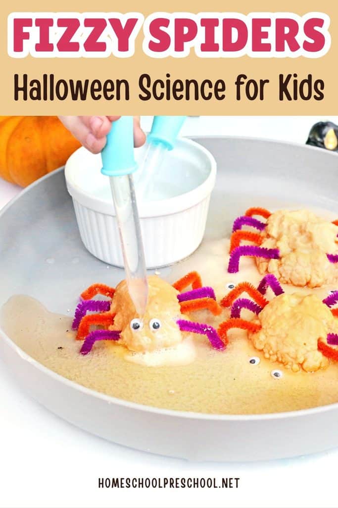 Preschooler using a dropper to add vinegar to baking soda spiders during a fizzy Halloween science experiment.