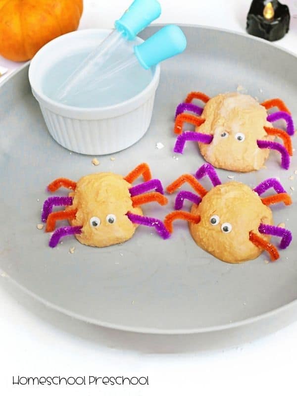 Three baking soda spiders with pipe-cleaner legs and googly eyes beside a bowl of vinegar with droppers for a fizzy spiders experiment.