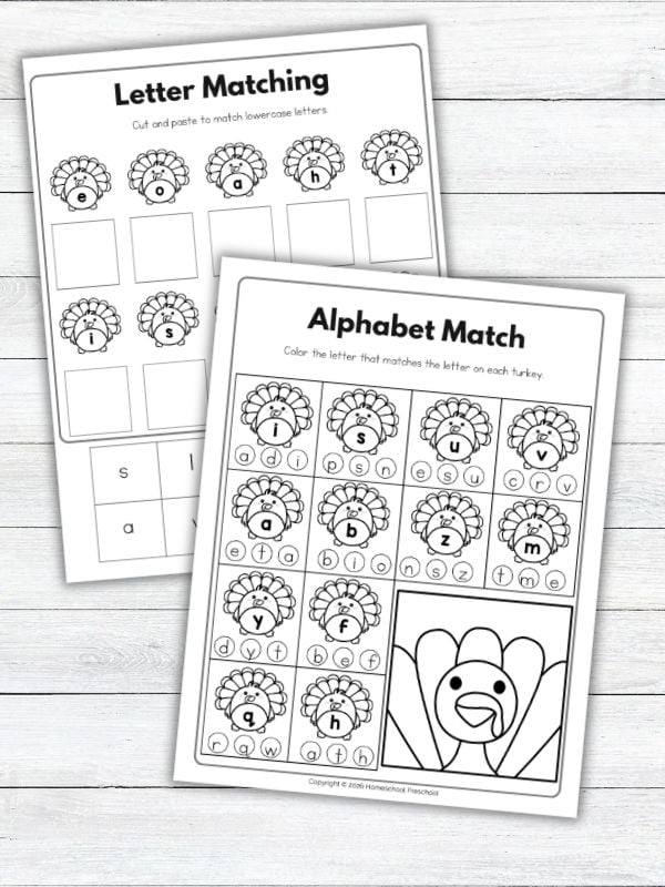 Turkey letter matching worksheets featuring lowercase alphabet coloring and cut-and-paste activities with turkey illustrations on a white wooden background.